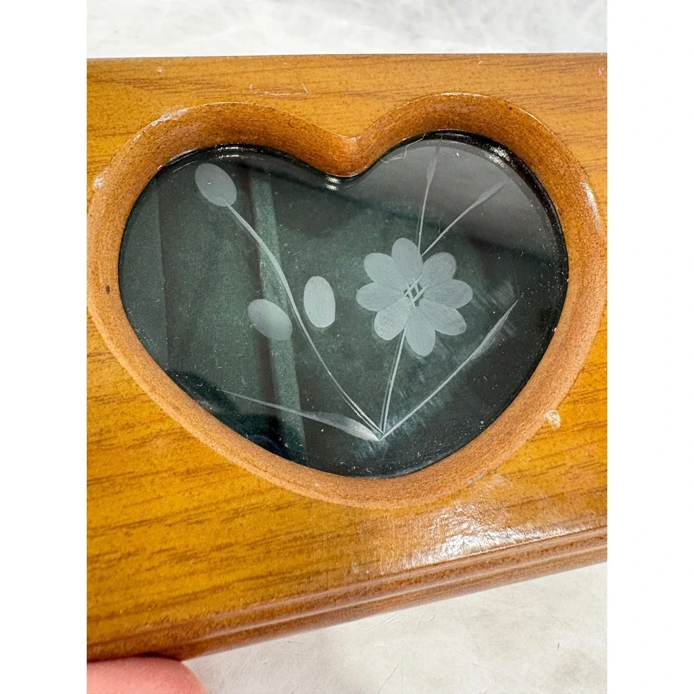 Vintage Wooden Jewelry Box Heart Etched Glass Floral Inlay Green Velvet Lining